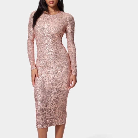 BEBE Sequin Cowl Back Midi Dress - Rose Gold - Picture 4 of 7